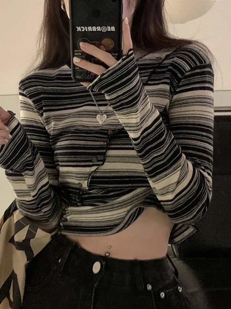Женский полосатый Топ с длинным рукавом в Корейском стиле |
