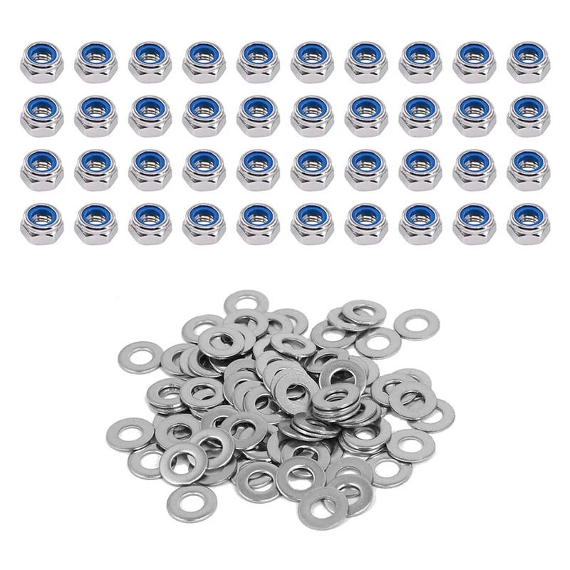 

60Pcs Metric M5-0.8 Nuts With 100Pcs M5 Washers 304 Stainless Steel M5 Nylon Insert Lock Nuts Self Tight Hex Locknut