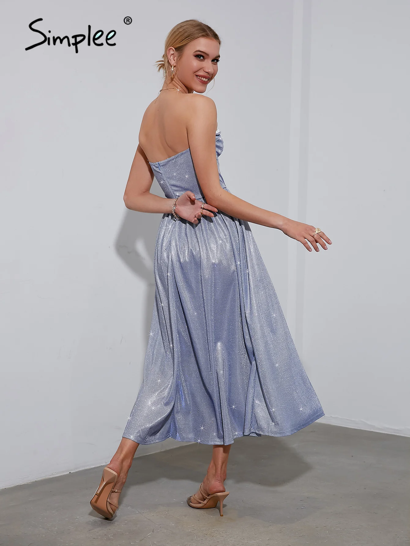 Simplee Strap corset sequin party dress elegant evening long Women pleated split blue vestidos Summer tube frills dresses | Женская
