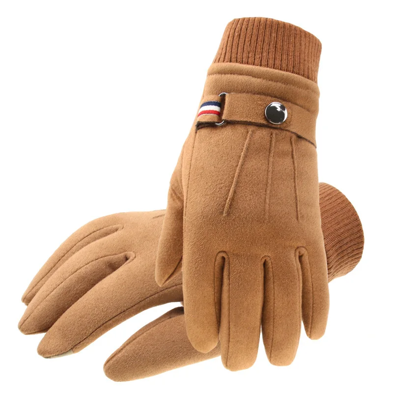 

New Winter Men's Leather Gloves Warm Soft Black Sewing Design Mittenskin Buckskin Gloves Imitate Wool Lining Tactical Gloves