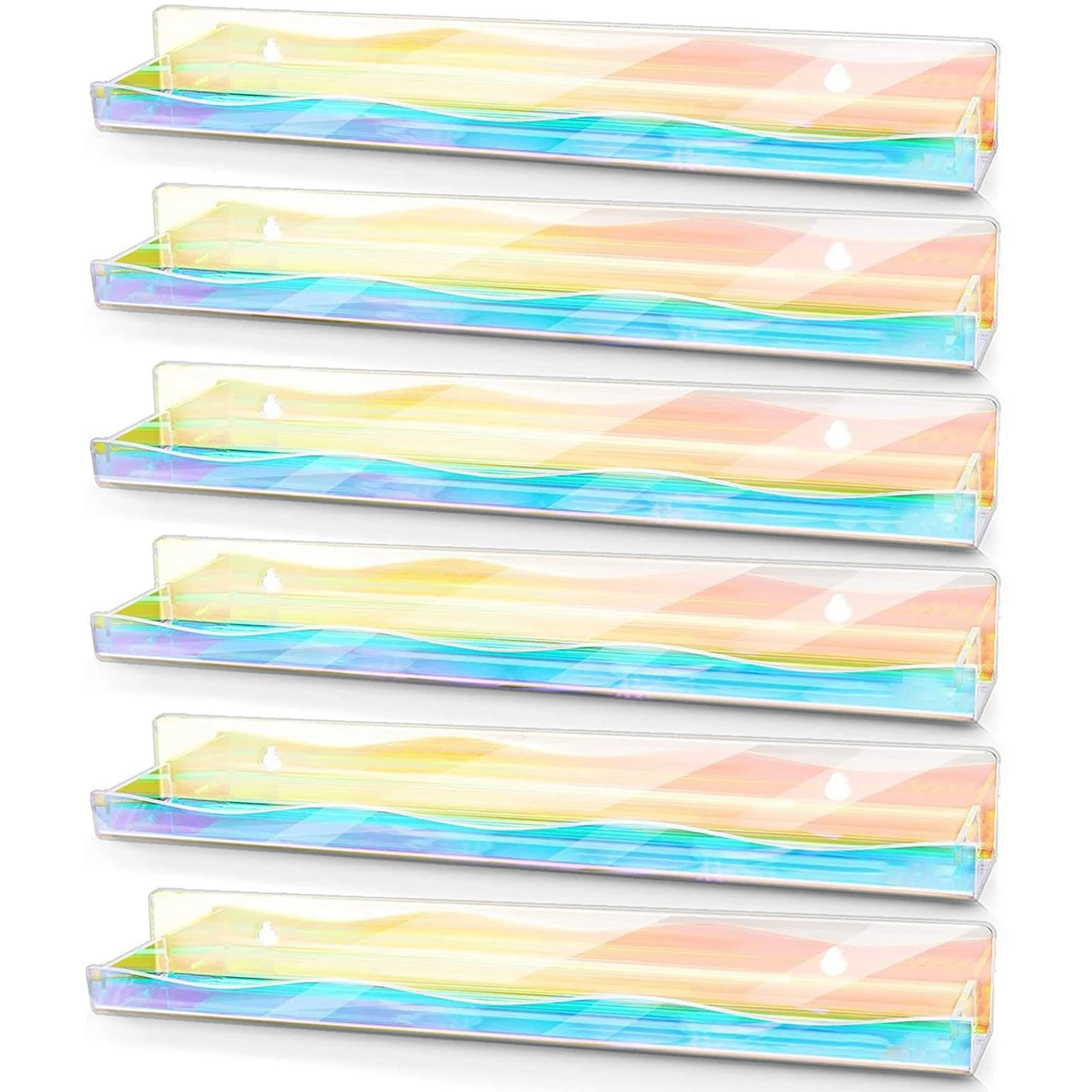 6PCS Nail Polish Rack Wall Mounted Shelf,Rainbow Iridescent Acrylic Organizer Acrylic Floating Shelves for Bookshelf,Toy Record