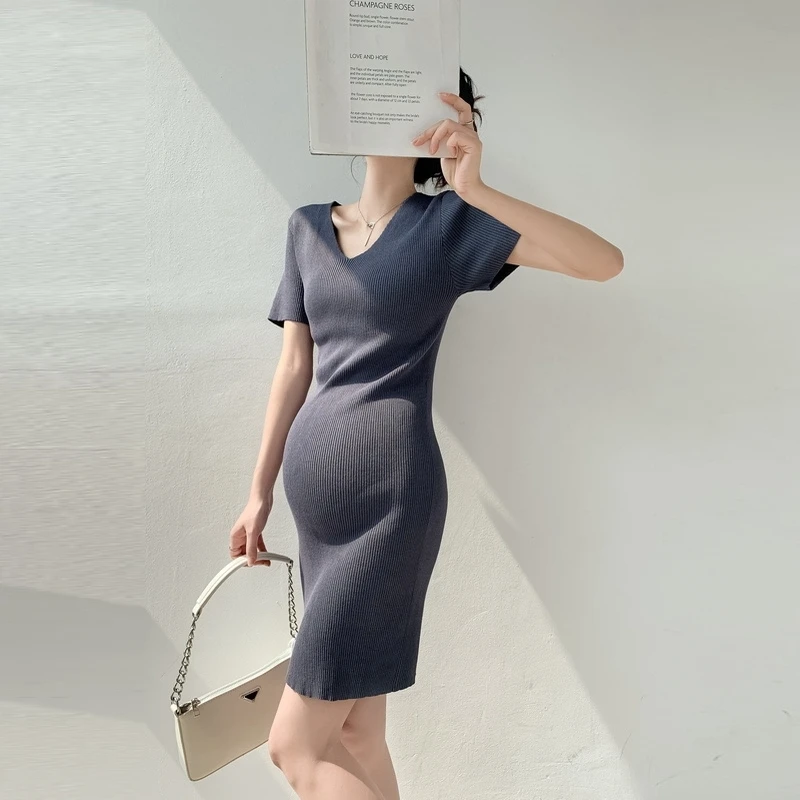 

Summer Hot Slim Knitted Maternity Dress V Neck A Line Bodycon Clothes for Pregnant Women Free Seamless Pregnancy Clothing