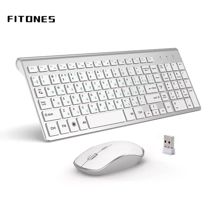 

Russian version 2.4g wireless keyboard and mouse, ergonomics, portable full size, USB interface, high-end fashion silvery white