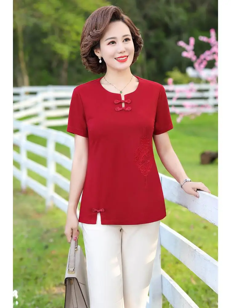 

Женская одежда, Винтажная футболка с круглым вырезом, Новинка лета, повседневный Свободный Топ с вышивкой для мам, короткий рукав, Шелковый ...