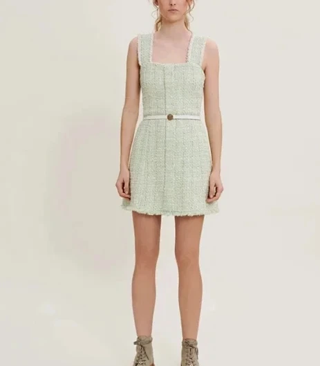 

127666 127667 Fashion Classic Trendy Luxury Designer Cloth French Temperament Gloss Tweed Square Neck Suspender Dress