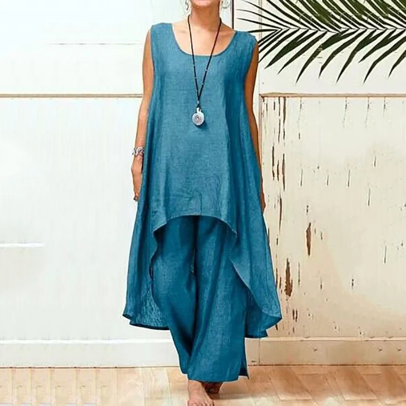 

Women Pants Sets Fashion Irregular Leisure Loose Fitting Linen Shirt Pullover Tops O-Neck Comfy Wide Leg Loose Pant Sets Female