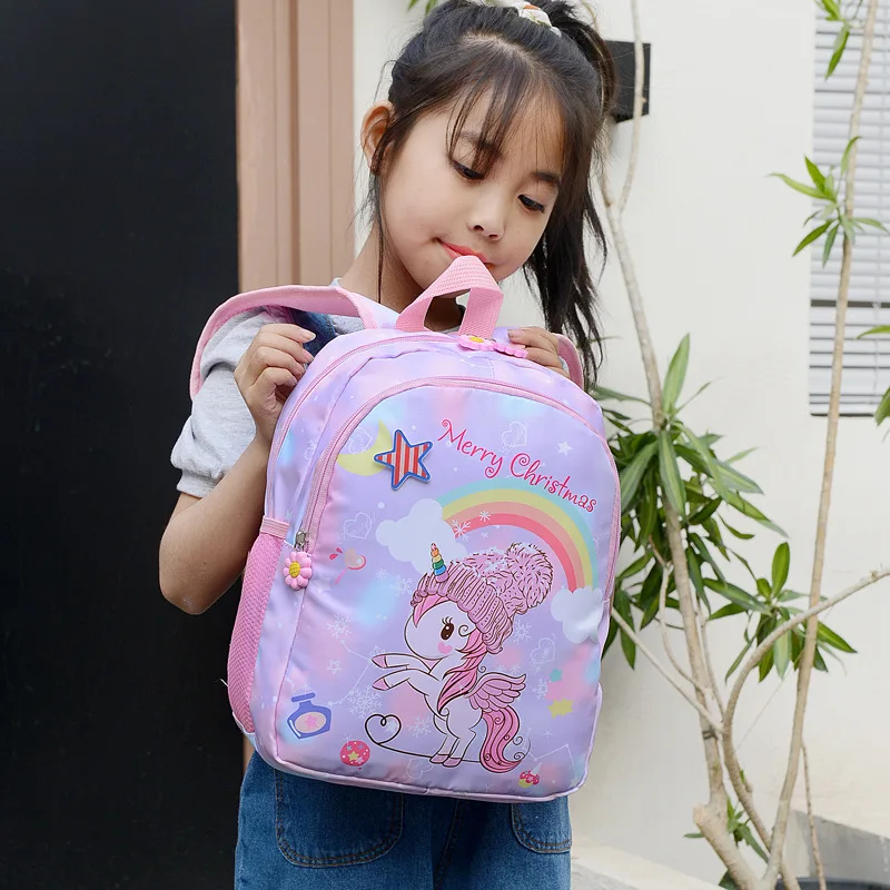New Children's Korean Version Cartoon Lovely Unicorn Rainbow Kindergarten Nylon Backpacks for Girls and Boys Large Capacity