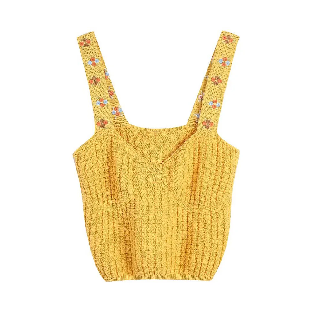 

Women's Vest 2022 Summer New Fashion Chic Flower Embroidered Knit Top Retro Casual V-Neck Wide Straps Short Sling Women