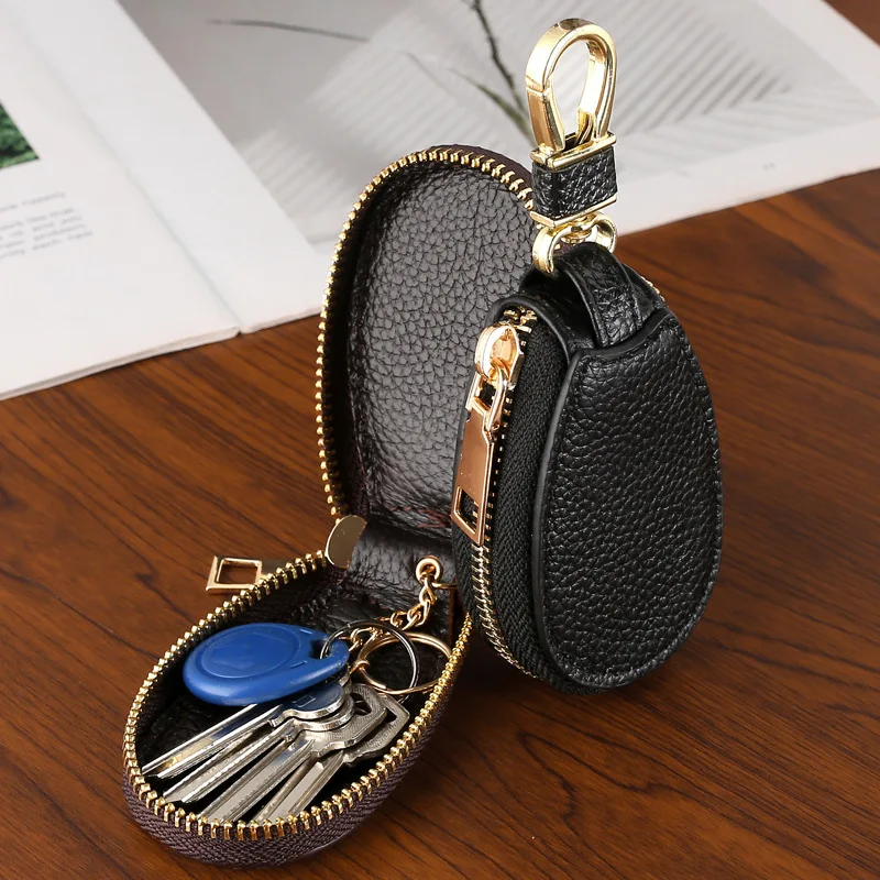 Universal Car Key Case Men's and Women's Black Soft Surface Embossed Genuine Leather Coin Purse Multi-Functional Keychain Storag