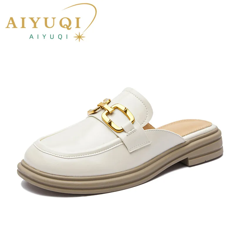 

AIYUQI Women mules Loafers Summer 2022 New Genuine Leather Women Shoes British Style Horsebit Casual Baotou Half Slippers Girls