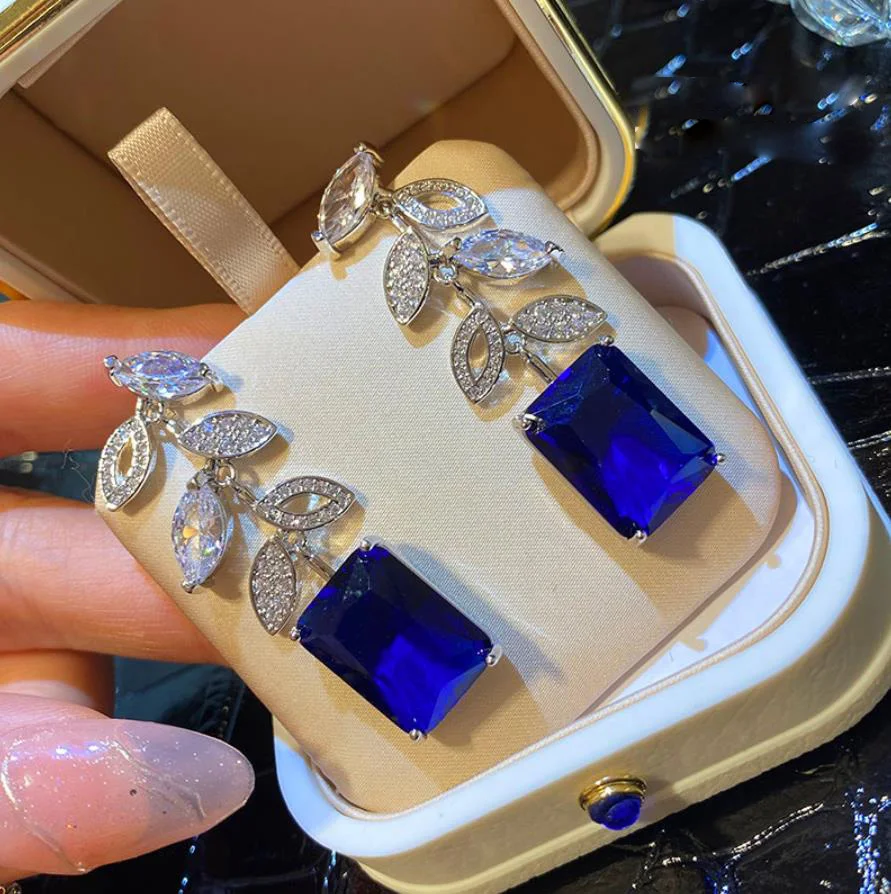 

New tassel leaf geometric blue zircon earrings for women luxury fashion designer summer fresh party banquet vintage fine jewelry