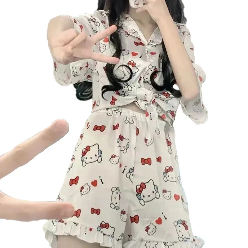 

Sanrios Hello kittys Cinnamoroll Kuromi My Melody Short Sleeve Pajamas Anime Girls Ins Summer Cardigan Kawaii Cartoon Tracksuit