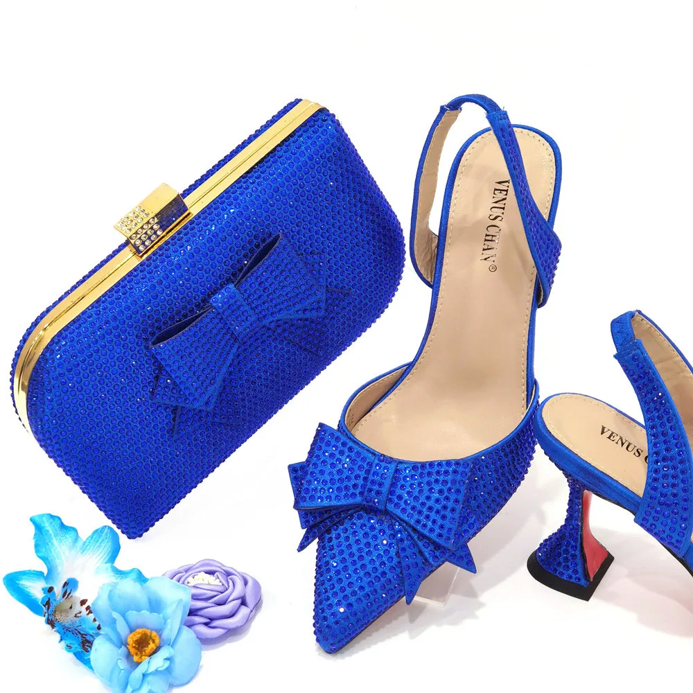 

Diamonds And Rhinestones New Arrival Hot and Blue Color Party Wedding Ladies Shoes and Bag Set With Colorful Stripes Pattern