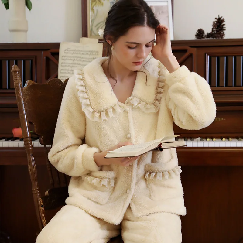 SXTHAENOO New French Court Style Pajama Winter Flannel for Women Winter Pajamas Velvet Woman Sleepwear Lapel Lace Warm Homewear