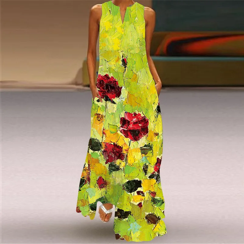 

Summer Women 2021 Printed Flowers Brief Sleeveless Casual Sexy Dress Sundress Ladies Elegant Party Vintage Floor Long Dresses