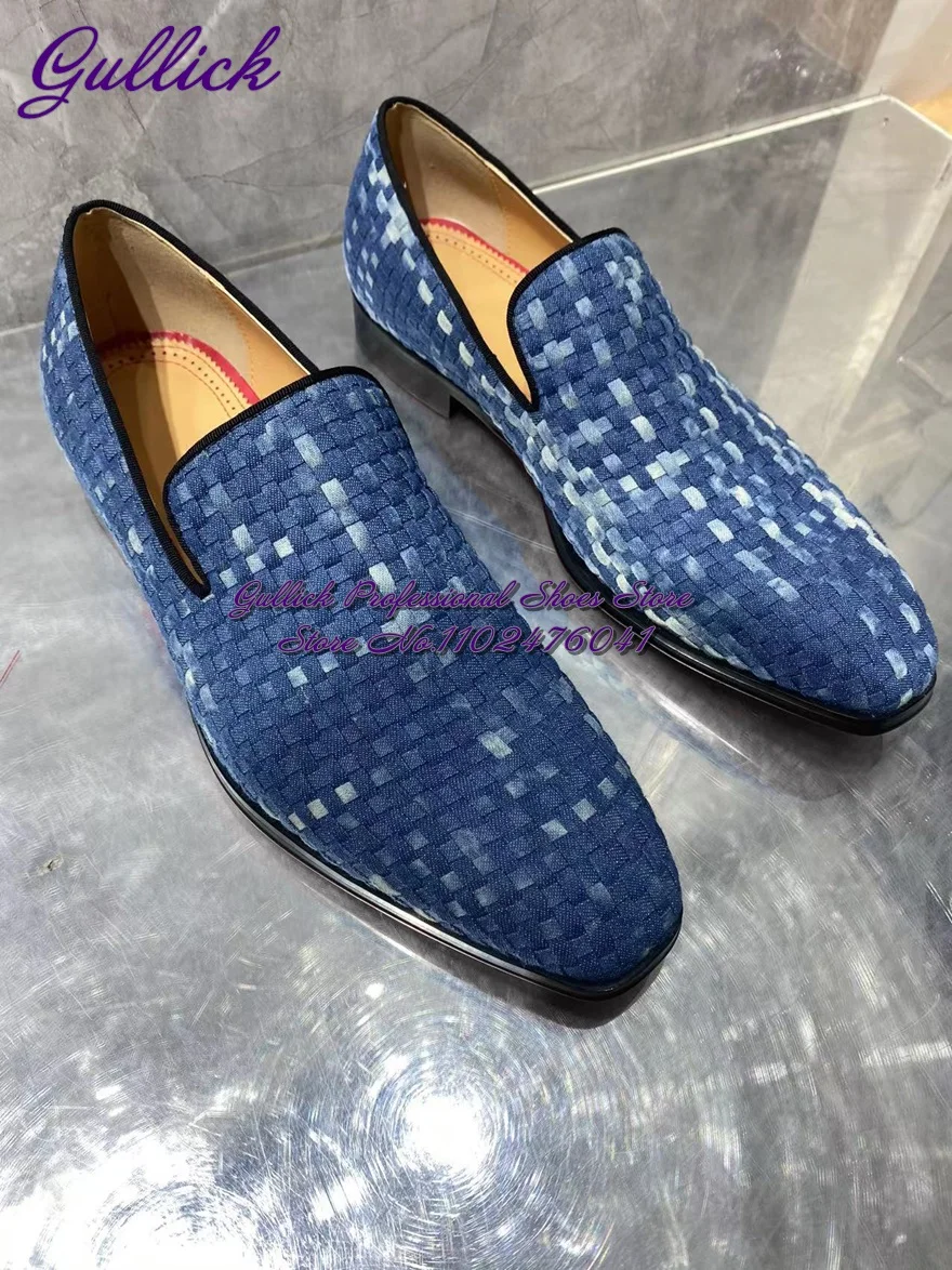 Туфли Gulick мужские синие плетеные под джинсовую ткань лоферы без застежек
