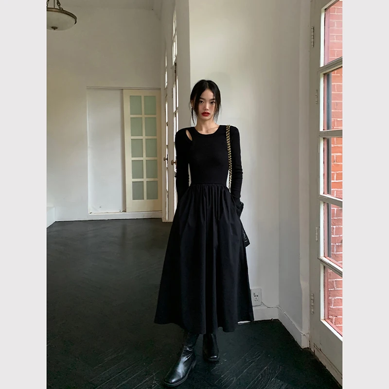 

Zoki Vintage Black Knitted Long Sleeve Midi Dress Women Hepburn Style Hollow Out O Neck Office Lady Slim Casual A Line Dress New