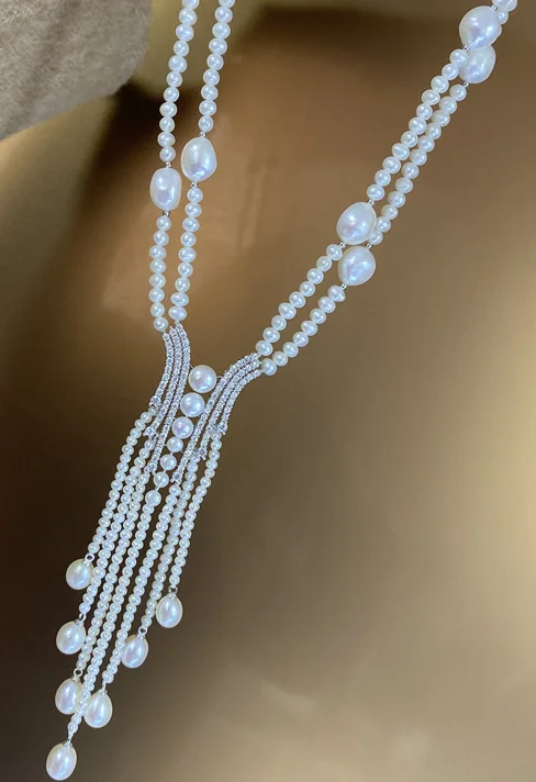 

Hand knotted sweater chain white freshwater pearl micro inlay zircon accessories necklace long 18-19" fashion jewelry