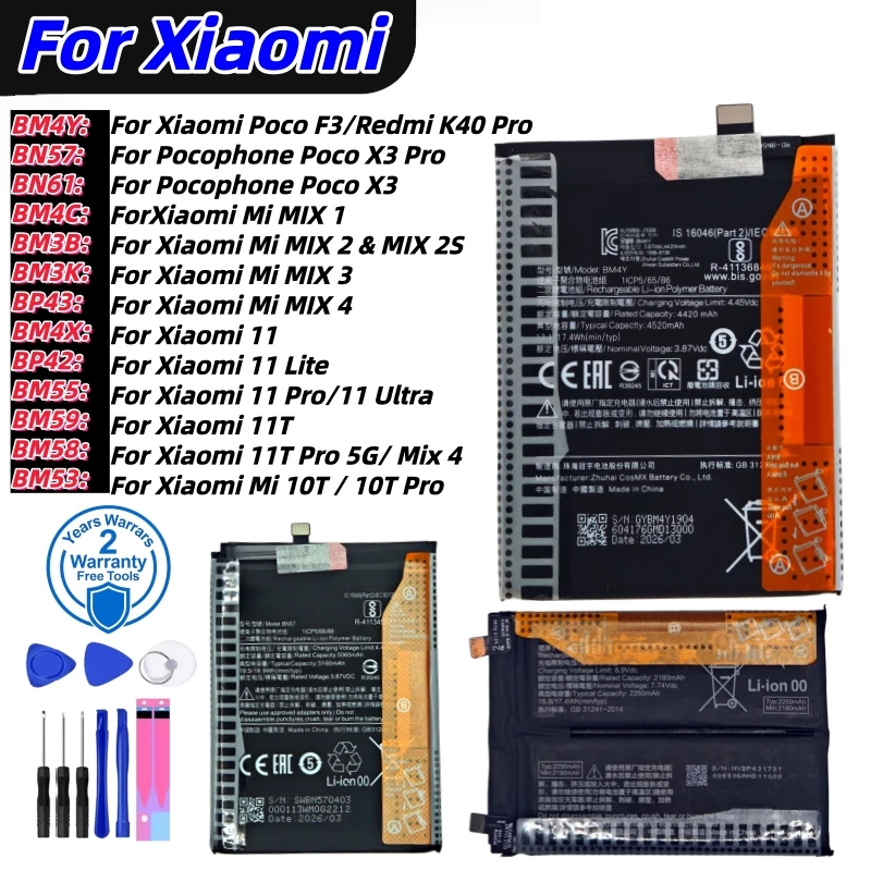 Фото 100% новый высококачественный аккумулятор для Xiaomi Mi Mix 1 2 2S 3 4 Mi 11 Mi11 Lite Ultra Poco X3 F3 Redmi K40 10T 11T Pro + инструменты для замены №2