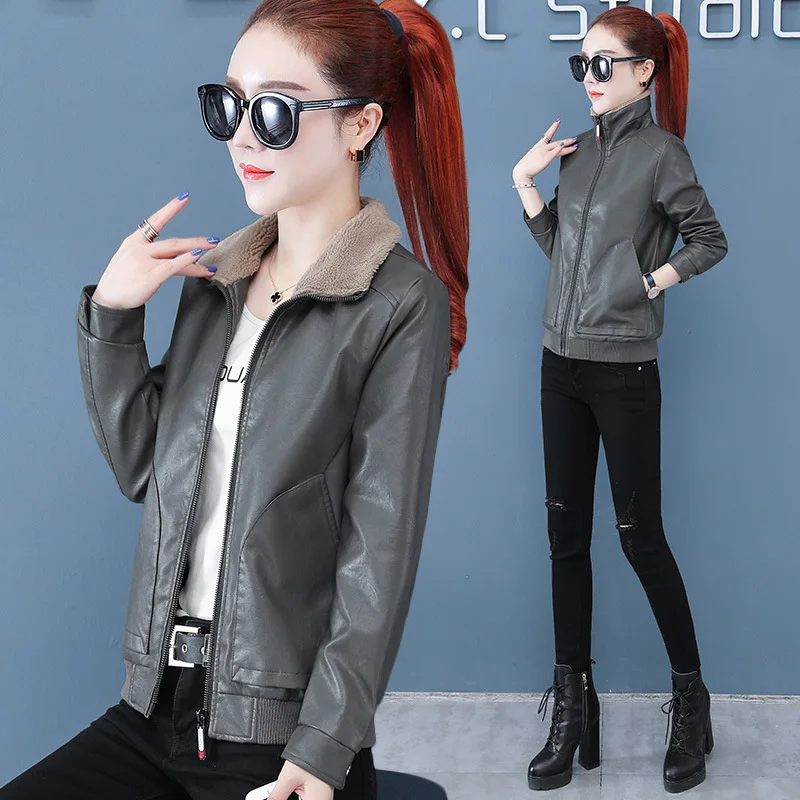 Burgundy Leather Coat Women's Short Plush Thickened Autumn  Winter 2022 Middle Aged Women's Motorcycle Leather Jacket for Warm