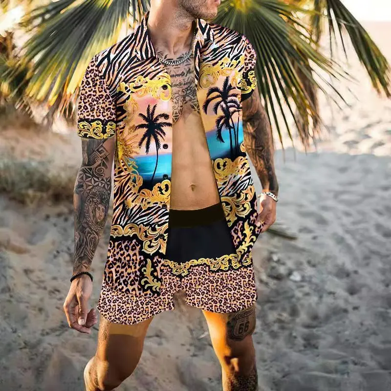 

Men's Hawaiian Printed Set Casual Streetwear Button Down Short Sleeve Shirt&Beach Shorts Set for Men 2022 Summer Two-piec