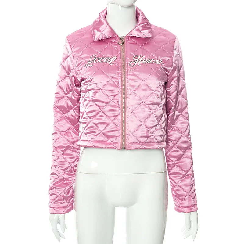 Autumn New Style 2023 Pink Solid Color Letter Embroidered Casual Stand-up Collar Jacket Winter Coats Shiny Coat Cropped Jackets