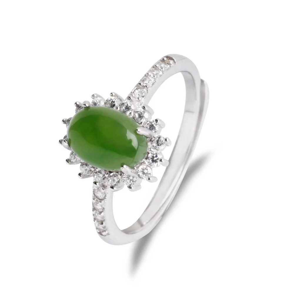 

Genuine 925 Silver Green HeTian Jade Oval Jasper Ring Adjustable with Certificate Trendy Gemstone Woman Gift Jewelry