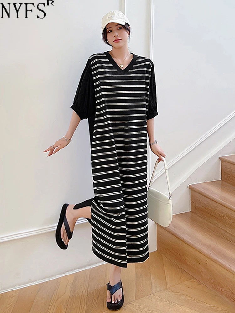 Женское длинное платье в полоску NYFS свободное Корейском стиле с коротким рукавом