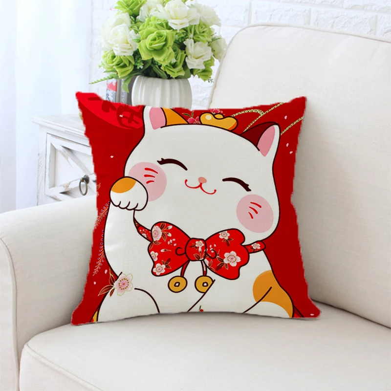 

Pillow Covers Fortune Cat Bed Pillows Decorative Cushions for Sofa Cases Cover Fall Anime Silk Home Decor Pillowcases Throw Body