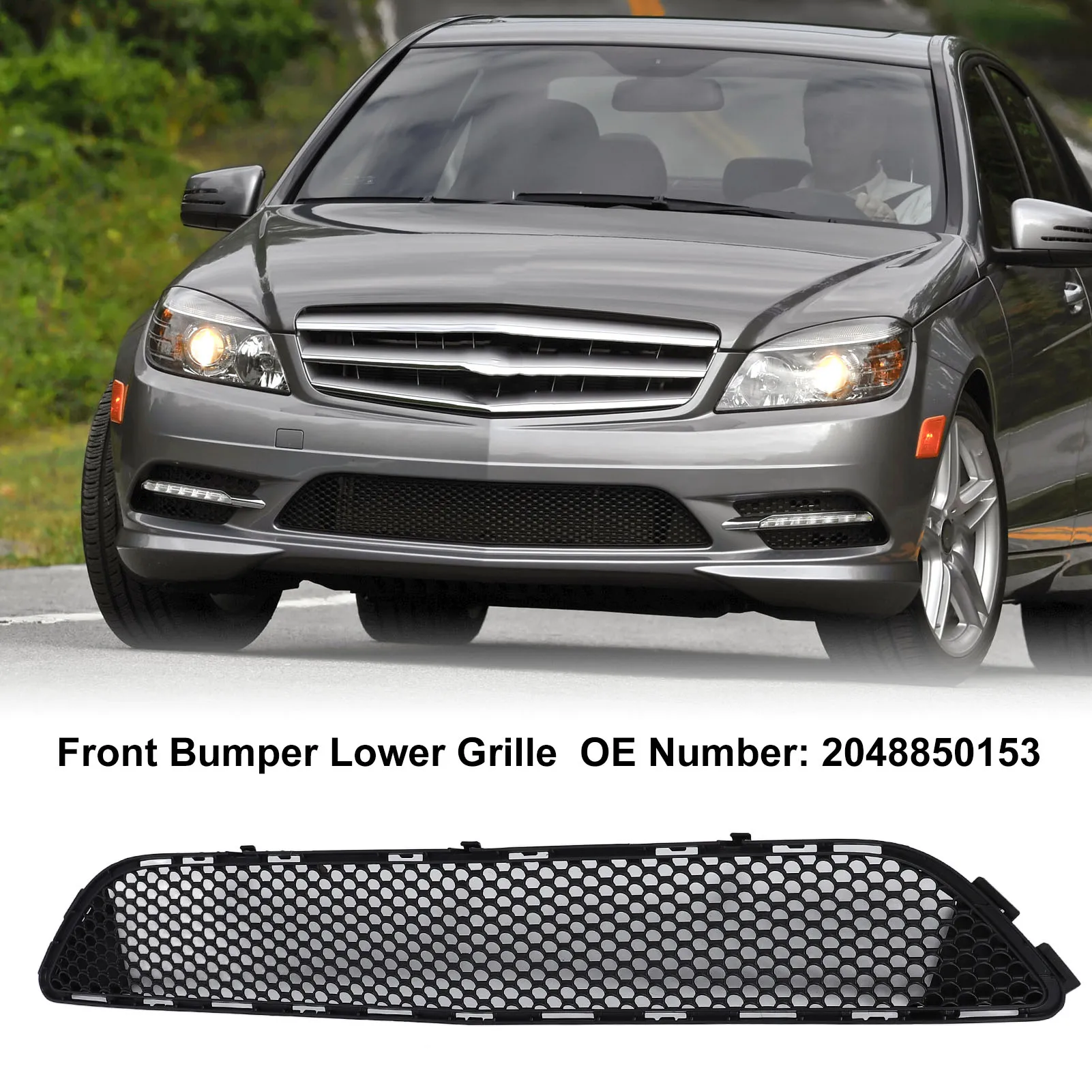 Фото Для C‑Class W204 Amg Line 2008–2011 годов выпуска, нижняя решетка переднего бампера 2048850153, высокопрочная защитная прочная центральная сетчатая решетка. №5