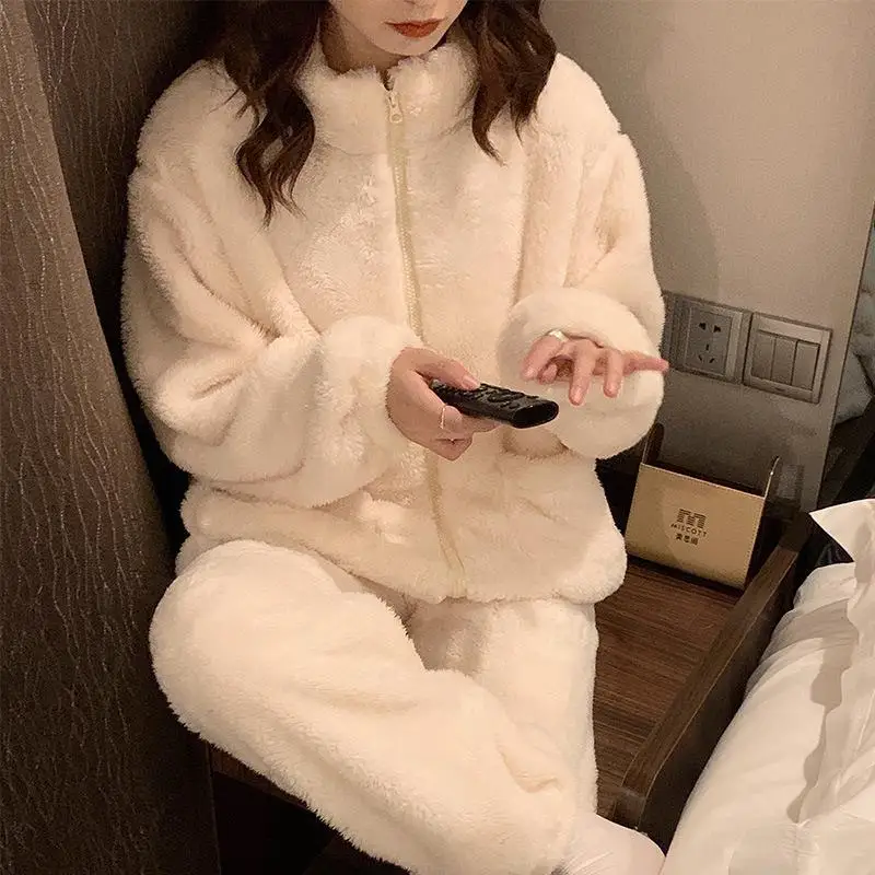 

New Autumn Winter Coral Fleece Pajamas Women's Warm Thickening Fleece Sleppwear Zipper Casual New Suits Home Wear Clothes Plush