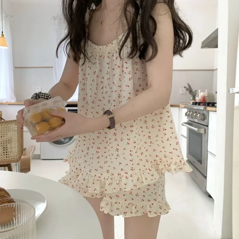 

Пижамный комплект Женский винтажный цветочный пикантный друг в стиле преппи летняя кружевная Пижама с оборками для девочек-подростков в Ко...