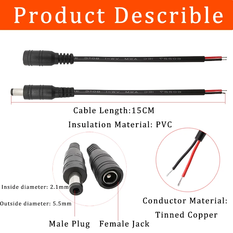 2/5/10 пар 5,5x2,1 источник питания постоянного тока, Штекерный кабель 5,5*2,1 мм 12 В, Штекерный разъем, фоторазъем, светодиодная ленсветильник камеры видеонаблюдения