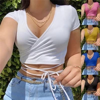 new womens fashion sexy solid color v neck short sleeve lace up t shirt casual crop tops