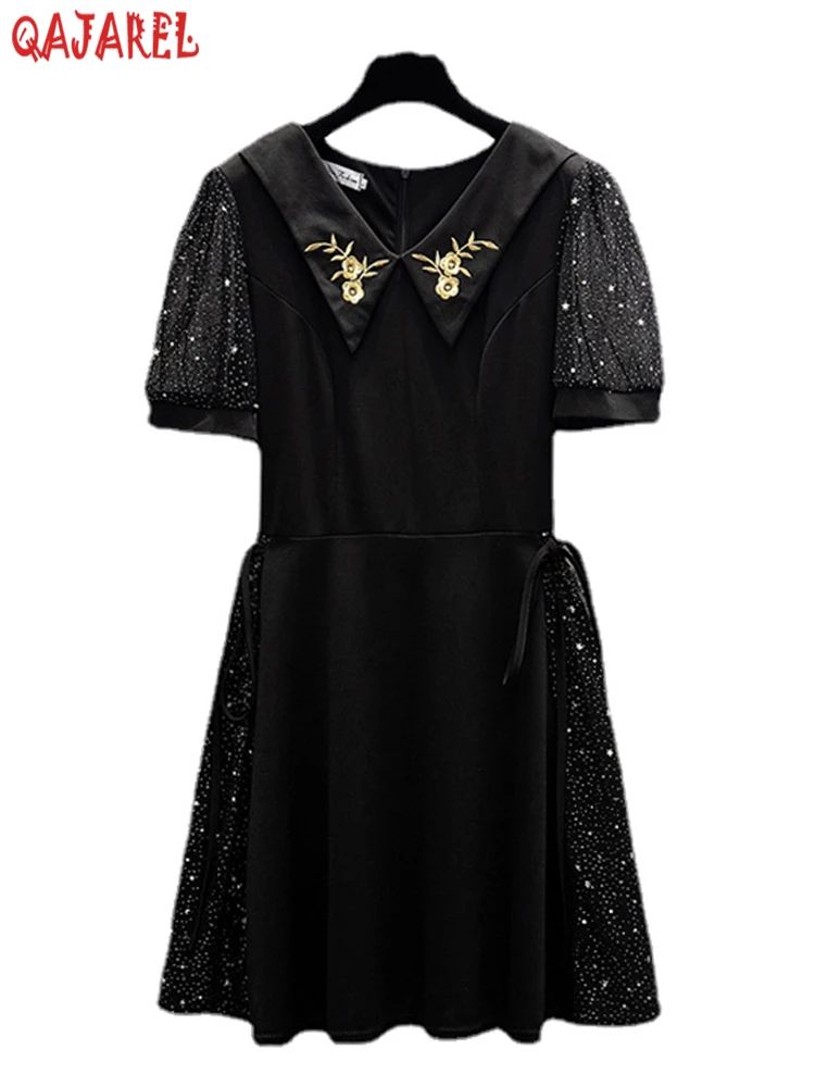 

Женское роскошное Черное вечернее платье с вышивкой и кукольным воротником, Новинка лета 2023, шикарное элегантное облегающее платье, корейское Повседневное платье хепберм