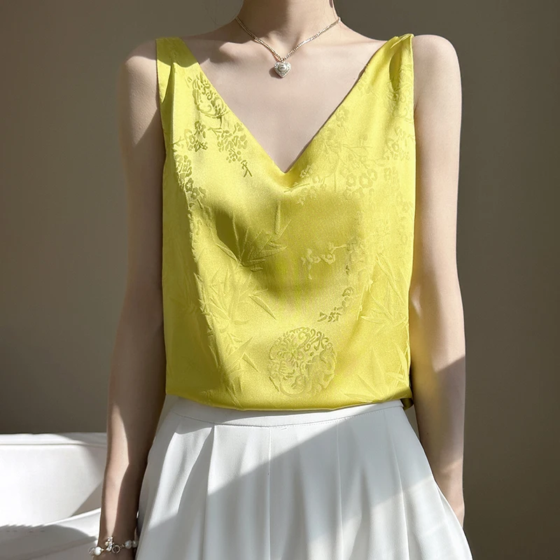 

Women's Camisole Vintage Printed Satin Sleeveless Round Neck Bottoming Shirt Pullover Solid Color 2023 Summer New Korean Version