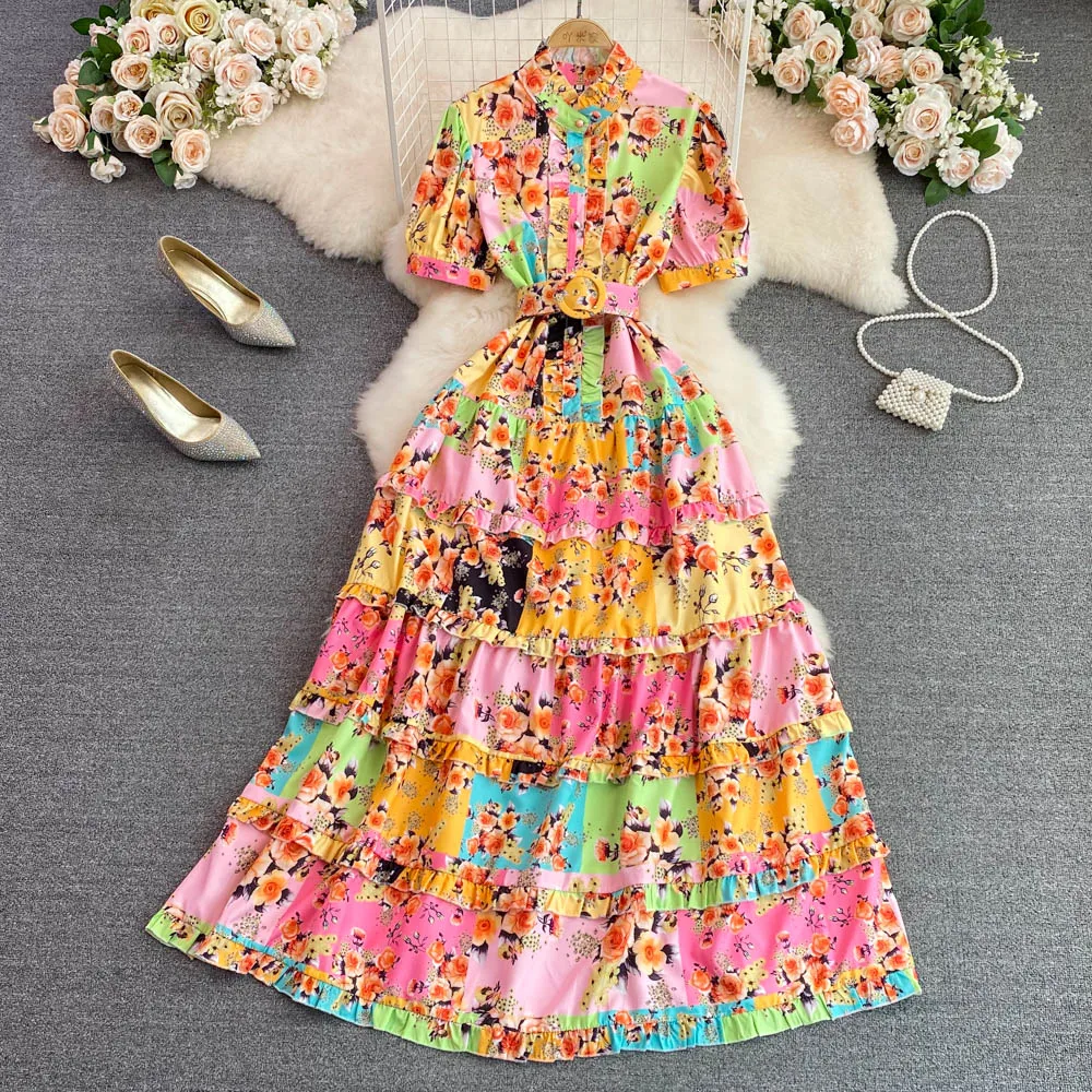 

SuperAen Retro Style Summer Temperament Stand Collar Single Breasted Printed A-line Long Party Dress