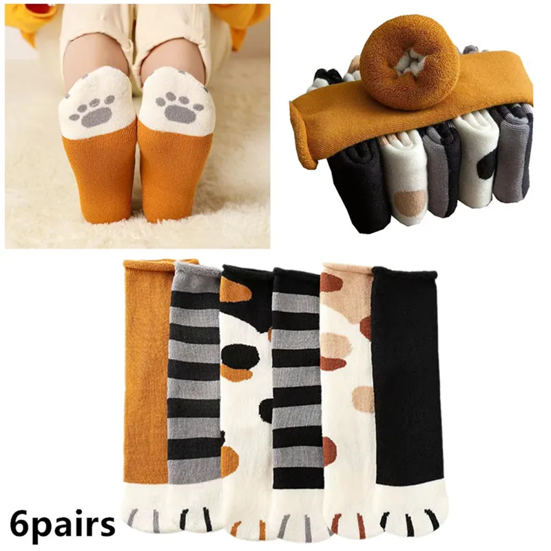 6 pairs Women Socks Winter Cat Paw Thick Terry-loop Hosiery Warm Animal Cute Sock Hot Cute Girls Soft Floor Socks Drop shipping