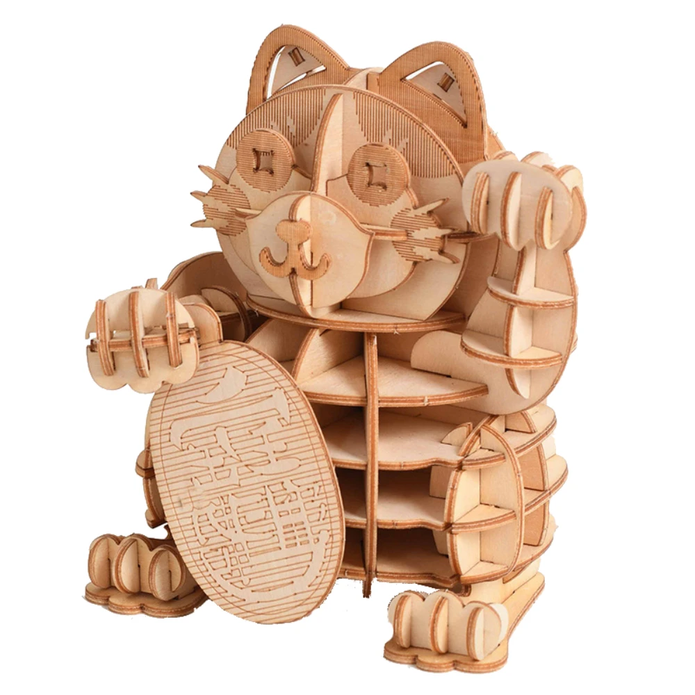 

DIY Wood Cat Puzzles Toys Assembling Building Blocks Craft Kits for Adults Desk Decor montessori Lucky 3D Animal Jiagsaw Model