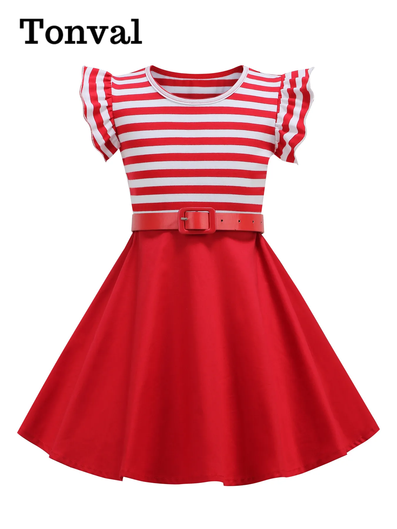 Женское винтажное платье в полоску Tonval стиле пэчворк с оборками на рукавах