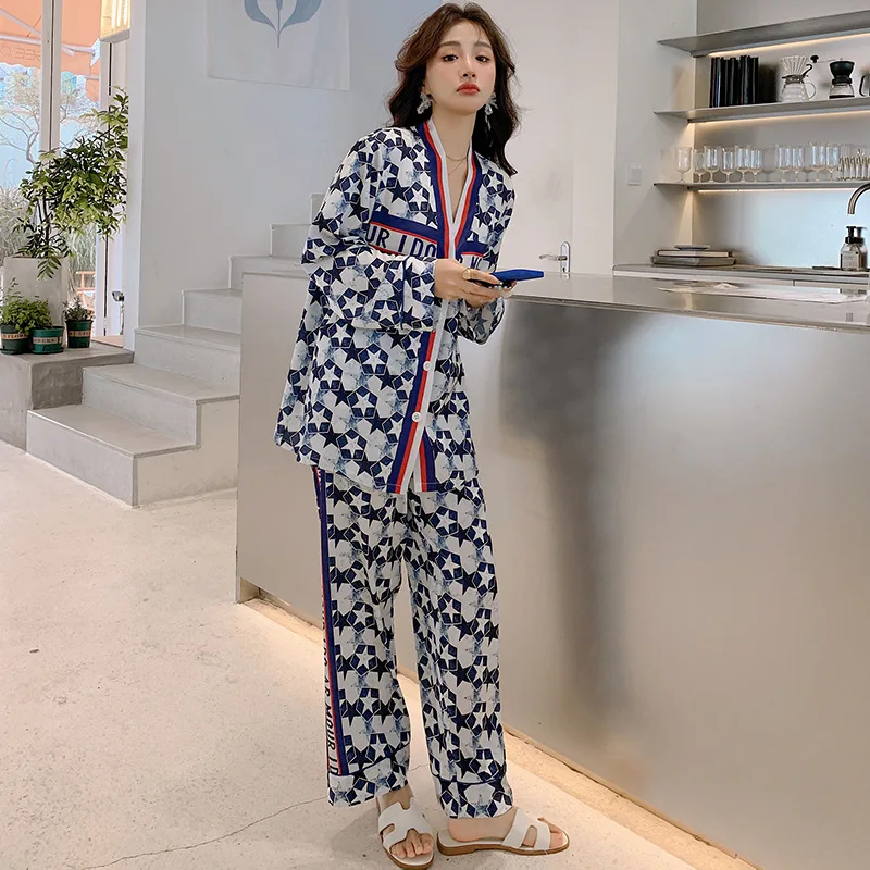 2023 Ice Silk Pajama Sets New Sleepwear Summer Silky Thin Cardigan Geometry And Leopard Print Long-sleeved Trousers 2 Pieces