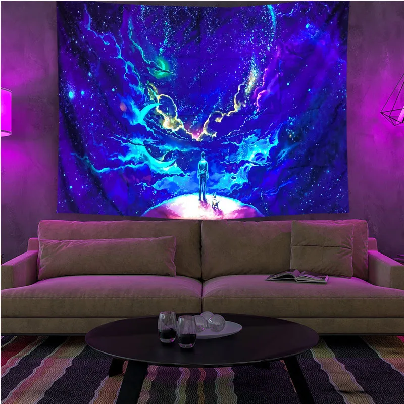 

1PCS UV Fluorescent Tapestry Polyester Detachable Human Dog Print Home Decor Tablecloth Beach Towel Beach Cushion