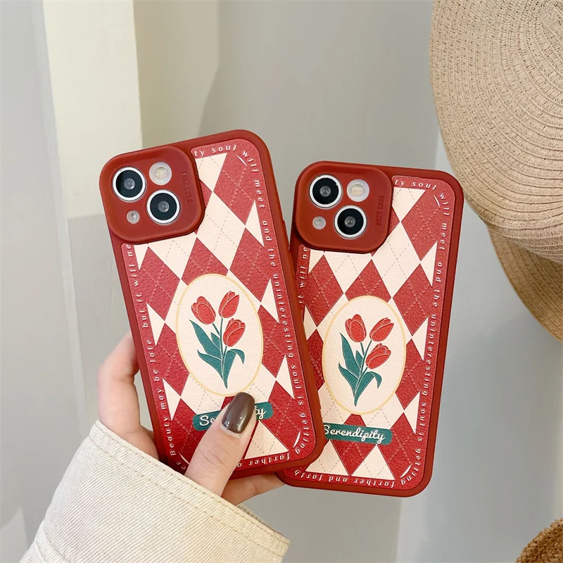 

Rhombus Lattice Red Tulips Sweet Lambskin Full Edge Anti-fall Cover For iphone 11 12 13 Pro Max XR Xs Max 7 8 Plus Phone Case