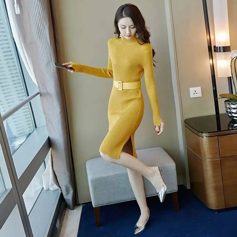 

Winter Korean Fashion Elegant Women Sweater Dress Knitting Belt Sheath Pullover Vintage Dress Long A-line Office Lady Dresses