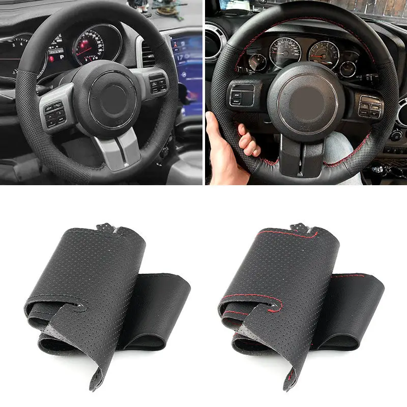 Фото Перфорированный кожаный чехол на руль для Jeep Wrangler Patriot Grand Cherokee Compass Liberty, накладка на руль автомобиля №1