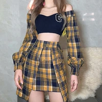 y2k women skirt youth stitching contrast color plaid wild one line collar long sleeved short top with a line skirt 2 two piece