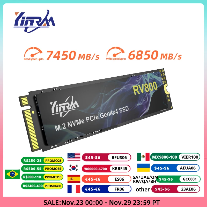 

YINRAM M2 NVMe SSD 1TB 2TB PCIe 4.0 M.2 2280 SSD 7450MB/s Internal Solid State Drive Heatsink Hard Disk for PS5 Laptop Desktop