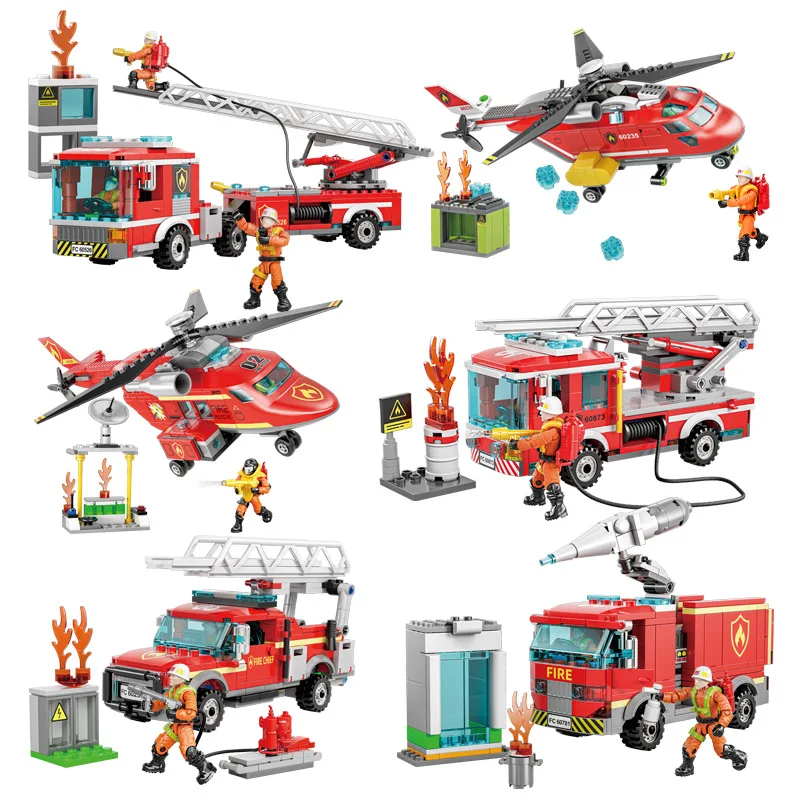 

City Hero Ladder Fire Engine Truck Helicopter Vehicle Mega Block Ww2 Fireman Figures Model Building Brick Toys For Boy Gift