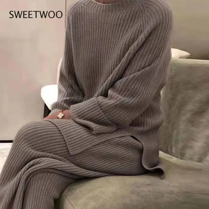 Women Homewear Pajama Suit  Women Elegant Solid Home Suit Winter Casual Soft Two Piece Set Lady O-Neck Pullover Tops + Wide Legs