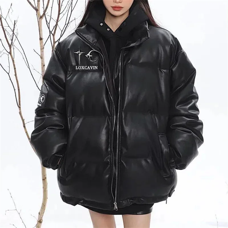 

Длинная куртка из искусственной кожи, женские зимние стеганые куртки 2023, модная Толстая парка-пуховик, верхняя одежда, черное пальто оверсайз, женская верхняя одежда